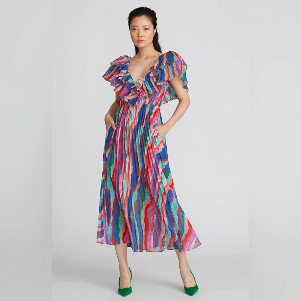 AMUR Luisa Pleated Striped Midi Dress size 2 - Picture 16 of 16